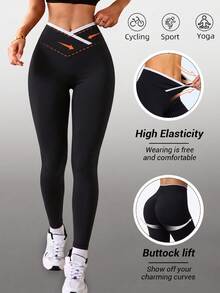 Women's Contrast Color V-Cross Waist Butt-Lifting Yoga Leggings, High Waist Tummy Control Elastic Compression Workout Pants Sports Black - Black - View 1