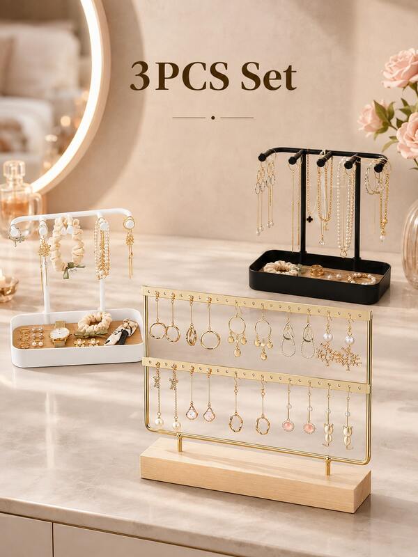 3pcs Japanese Style Jewelry Display Rack, Desktop Vanity Organizer For Earrings, Necklaces, Bracelets, Rings, Entryway Key Storage Box