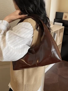 1pc Brown Textured PU Hobo Bag, Minimalist Patchwork Ruched Underarm Shoulder Bag With Handle For Women, Suitable For Autumn/Winter Commute, Work And Date - Coffee Brown - View 6