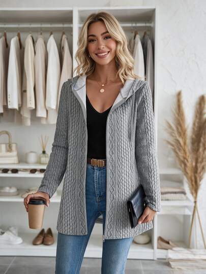 Plus Size Women Fashion Elegant Textured Melange Zip-Up Hooded Cardigan Coat, Autumn/Winter Spring