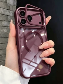 Casing Ponsel Mewah Berlapis Elektroplating dengan Braket Lensa, Pengisian Daya Nirkabel Magnetik, Kompatibel dengan iPhone 18 Pro Max 18 Pro 17 Pro Max 17 Pro 16 15 14 13 Pro Max, Bening dengan Pelindung Lensa, Casing Ponsel Tahan Guncangan - Merah ceri - View 3