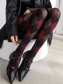 1pc Women's Burgundy & Black Plaid Tights, Classic Plaid Pattern Autumn Leggings, Preppy Vintage Style - Multicolor - View 9