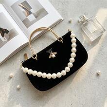 GUCCI Black Velvet Shoulder Bag With Gold Bee Decor, Faux Pearl Metal Handle, Detachable Pearl Chain Crossbody Handbag, Suitable For Parties - Black - View 3