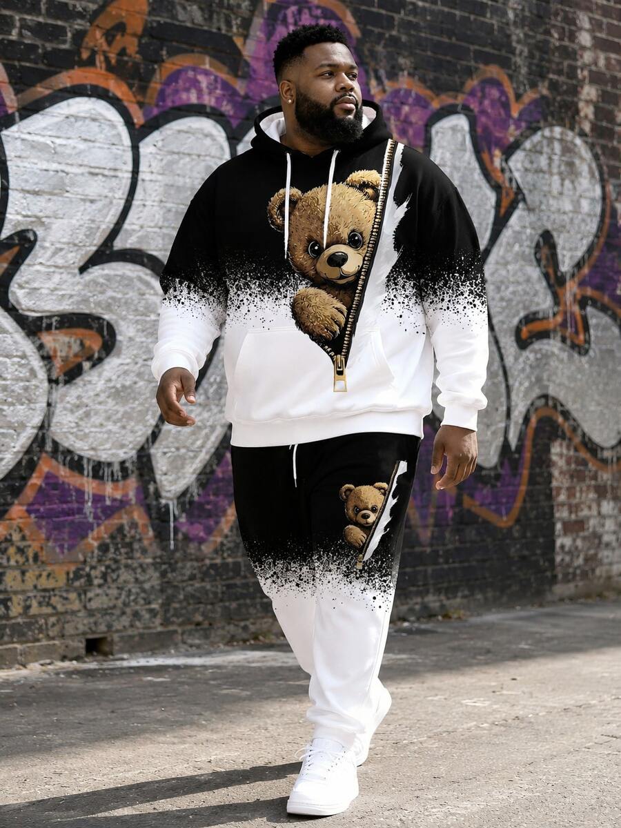 2pcs/Set Plus Size Men's Hoodie Sweatsuit With Zipper Plush Bear Print And Gradient Pattern, Casual Loose Fit Pullover Hoodie + Jogger Pants, Streetwear Athleisure Outfit For Spring, Autumn & Winter - Black and White - View 1