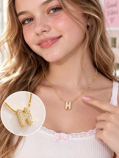 1pc Y2K Gold Tone Rhinestone Bubble Initial Pendant Necklace Cute Dainty Fashion Jewelry For Girls School Party Vacation Daily Wear Gift