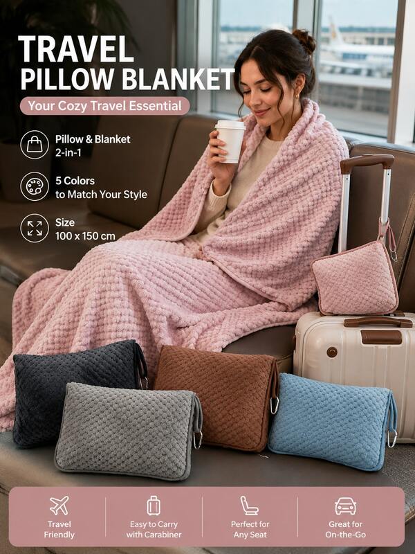Portable 2-In-1 Travel Pillow And Blanket With Foldable Throw, Suitable For Flights, Road Trips, Train Journeys, Hotels, Offices, Business Trips And Weekend Getaways, Travel Essential And Also Suitable For Daily Use