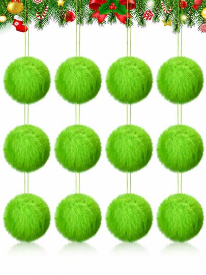 12pcs 2.36 Inch Lime Green Plush Christmas Ball Ornaments, Soft Fluffy Pom Pom Hanging Decor, Suitable For Christmas Tree, Wreath, Fireplace Mantel, Holiday Party And Winter Home Decoration