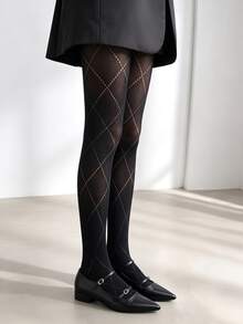 1PC Women's Black Argyle Tights, Sheer Openwork Diamond Pattern Pantyhose, Preppy Vintage Stockings For Fall Outfits - Black - View 2
