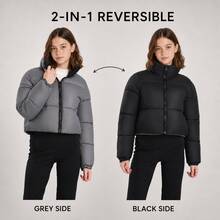 SOLOCOTE Girls' Winter Reversible Long Sleeve Short Lightweight Padded Coat - Grey - View 1