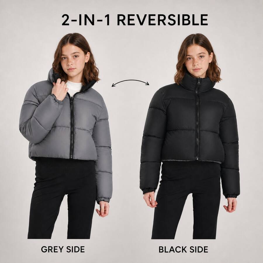 SOLOCOTE Girls' Winter Reversible Long Sleeve Short Lightweight Padded Coat - Grey - View 1