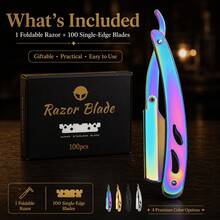 Men Barber Grade Hollow Out Foldable Shavette Razor Grooming Kit, Multicolor Stainless Steel Straight Shaving Razor, Foldable Portable Design For Precise Beard & Neckline Edging, Value Pack Contains 100 Single Edge Blades, 4 Stylish Color Choices For - Multi-color - View 6