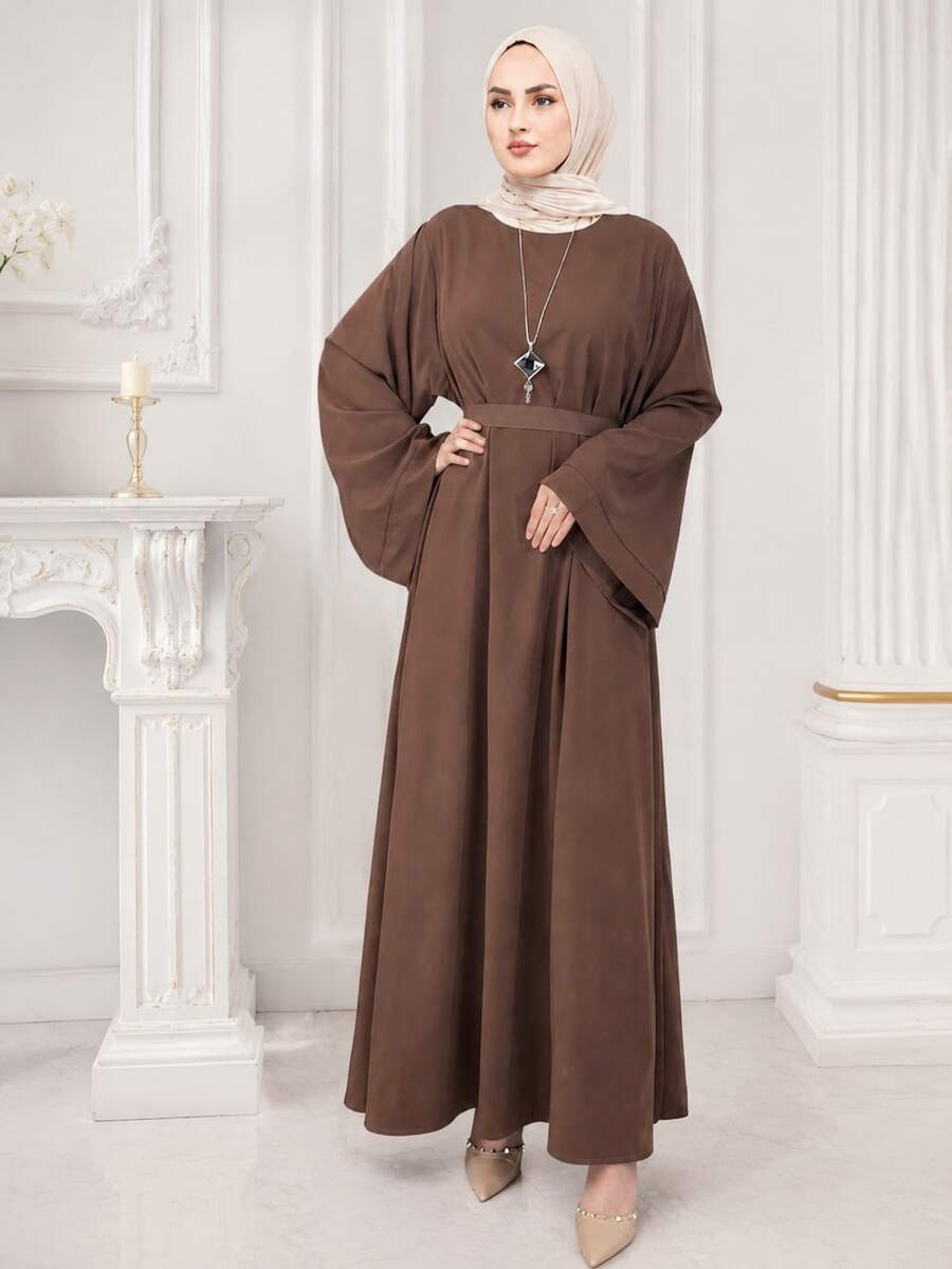 Elegant Solid Color Round Neck Flare Long Sleeve Cinched Waist Tie Dress, Loose Flowy Fit, Suitable For Daily Wear And Casual Outings Fall