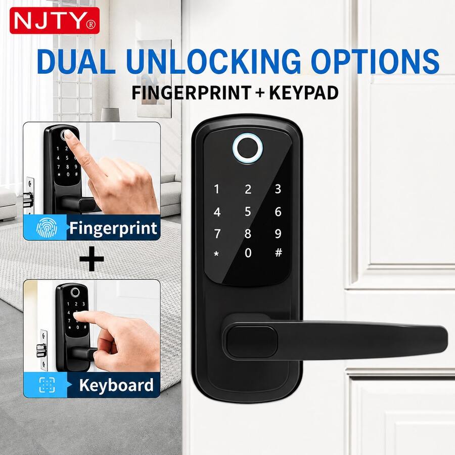 NJTY Smart Door Lock TT Lock Smart Door Lock WIFI Card APP Unlock Keyless Entry Fingerprint Door Lock With Keypad Digital Door Lock With Handle Suitable For Home Rental Office Hotel 4 AA Batteries Powered (Batteries Not Included)