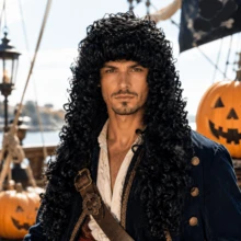 Black Long Curly Pirate Costume Wig Set, Historical Colonial Curly Wig With Fake Handlebar Mustache, Men Cosplay Wig For Halloween Theme Party Dress‑Up Role Play - Multicolor - View 7