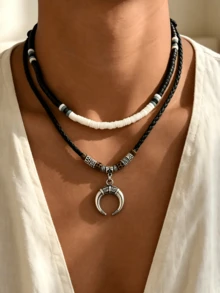 2件組男士串珠PU皮革合金新月吊墜疊戴項鍊套組，波希米亞風頸飾，適合日常穿搭、戶外旅行與度假街拍，雙層設計增強頸部層次感，百搭飾品，適合有風格偏好的男士理想禮物 - 2件裝月牙吊墜項鍊套裝 - 查看 7