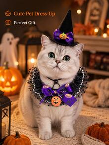1pc Halloween Pet Costume Accessory Set, Witch Hat And Lace Bib, Holiday Bow Pumpkin Decor Pet Collar, Fashion Lace Neck Accessory, Suitable For Cats And Dogs Holiday Party Dress Up - Multicolor - View 10