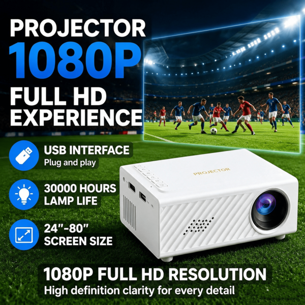 Portable Projector, Suitable For Home Theater, 1080p Native Resolution And Supports 4K, LCD Display Technology, Plug-In Desktop Design (Plug) - Ideal Christmas Gift, Camping, Home Theater
