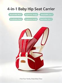 Baby Hip Seat Carrier, 4-In-1 Multi-Function Baby Carrier, Breathable Mesh, Pressure-Relieving Shoulder Straps, All-Season, For Outings, Strolling, Shopping, Travel, Baby Seat - Red - View 3