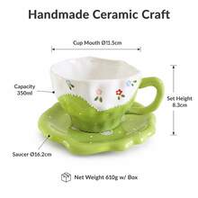 350ml Aesthetic Green Floral Ceramic Mug With Saucer, Wavy Edge Hand Painted Flower Coffee Tea Cup, Lovely Home Tableware Decor - Green - View 13