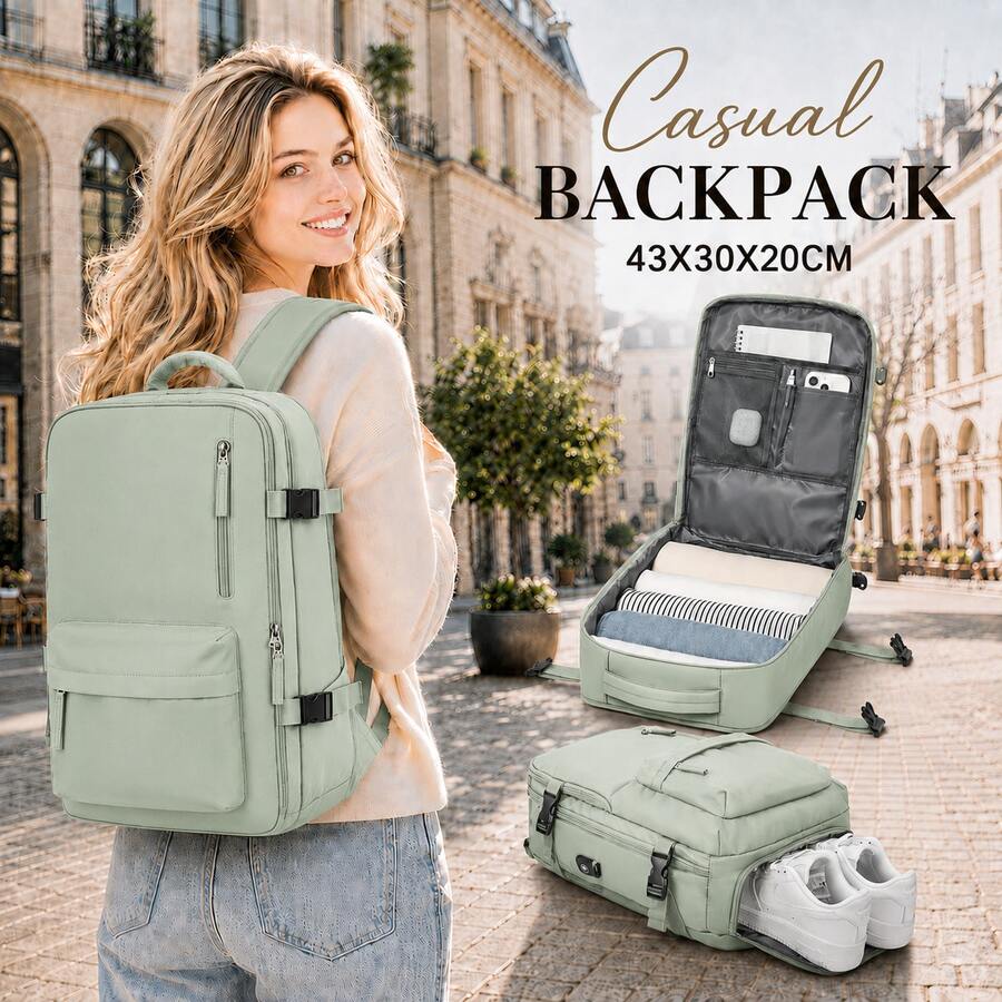 Large‑Capacity 43*30*20cm Waterproof Backpack With Shoe Pocket, Dry‑Wet Separation, Laptop Sleeve And USB Port. Available In Five Tones. Sleek‑Styled - Green - View 1