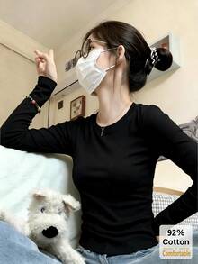Women's Autumn Long Sleeve T-Shirt, Versatile Black Solid Color Slim Fit Inner Layer Base Top - Black - View 2