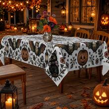 1pc,Vintage Halloween Tablecloth, Black White Pumpkin Bat Cat Print Polyester Table Cover, Elegant Halloween Dining Table Decor For Kitchen, Party, Family Gathering And Holiday Home Decoration - C - View 6