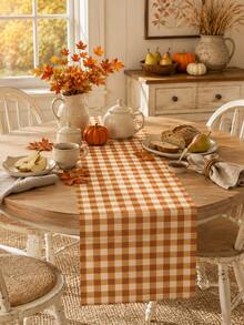 1pc Brown Orange & Cream Gingham Plaid Table Runner, Warm Farmhouse Checkered Fall Table Decor, Rectangular Dining Table Runner For Thanksgiving Dinner, Fall Decor, Kitchen Decor, Home Decor, Harvest Party And Family Gathering - Multicolor - View 7