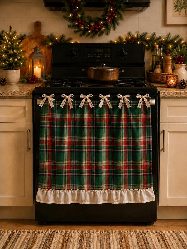 Cubierta de Puerta de Horno a Cuadros Navideños con Volantes, Cortina de Toalla para Asa de Estufa a Cuadros Rojo & Verde, Decoración de Cocina Estilo Granja para Vacaciones, Adecuada para Horno, Lavavajillas, Gabinete, 30 X 21.3 Pulgadas