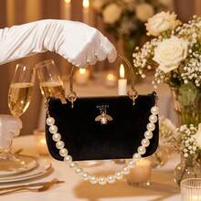 GUCCI Black Velvet Shoulder Bag With Gold Bee Decor, Faux Pearl Metal Handle, Detachable Pearl Chain Crossbody Handbag, Suitable For Parties - Black - View 4