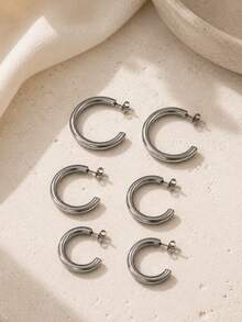 3 Pairs C-Shaped Minimalist Stainless Steel Earrings, Suitable For Women's Daily, Party, Commute Wear, Holiday Gift, Top Choice Gift For Her, Halloween Women's Accessory - Silver - View 2