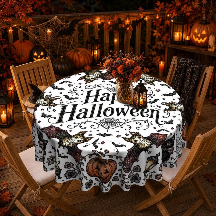 1pc,Vintage Halloween Tablecloth, Black White Pumpkin Bat Cat Print Polyester Table Cover, Elegant Halloween Dining Table Decor For Kitchen, Party, Family Gathering And Holiday Home Decoration - C - View 1
