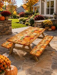 1/3pcs-Fall Stretch Fitted Picnic Table Cover And Bench Coverset, Rustic Wood Grain Pumpkin Maple Leaf Print SRectangular Tablecloth, Harvest Thanksgiving Decor For Patio Backyard Outdoor Autumn Dinner Party - Multicolor - View 2