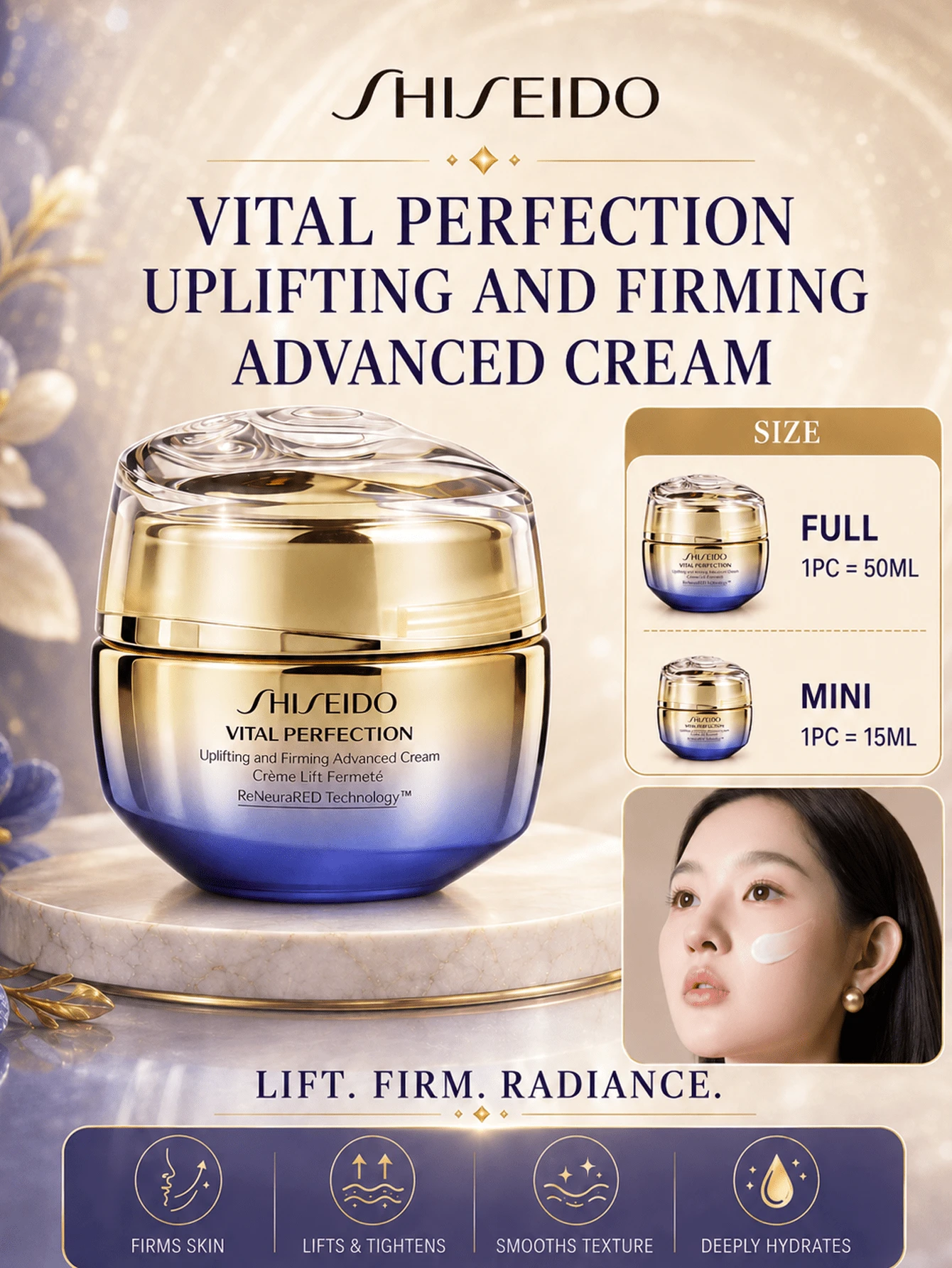 Shiseido Revitalizing Supreme+ Brightening Cream - Melembapkan, ukuran penuh 50ml, ukuran sampel 15ml. Mengangkat dan mengencangkan, mengurangi garis-garis halus dan kerutan, mencerahkan kulit. Cocok untuk semua jenis kulit.