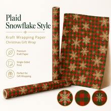 Christmas Gift Wrapping Paper, 1 Roll 196.85in Kraft Paper, Red Green Buffalo Plaid Beige Snowflake Botanical Print, Rustic Winter Holiday Gift Box Party Decor - View 1