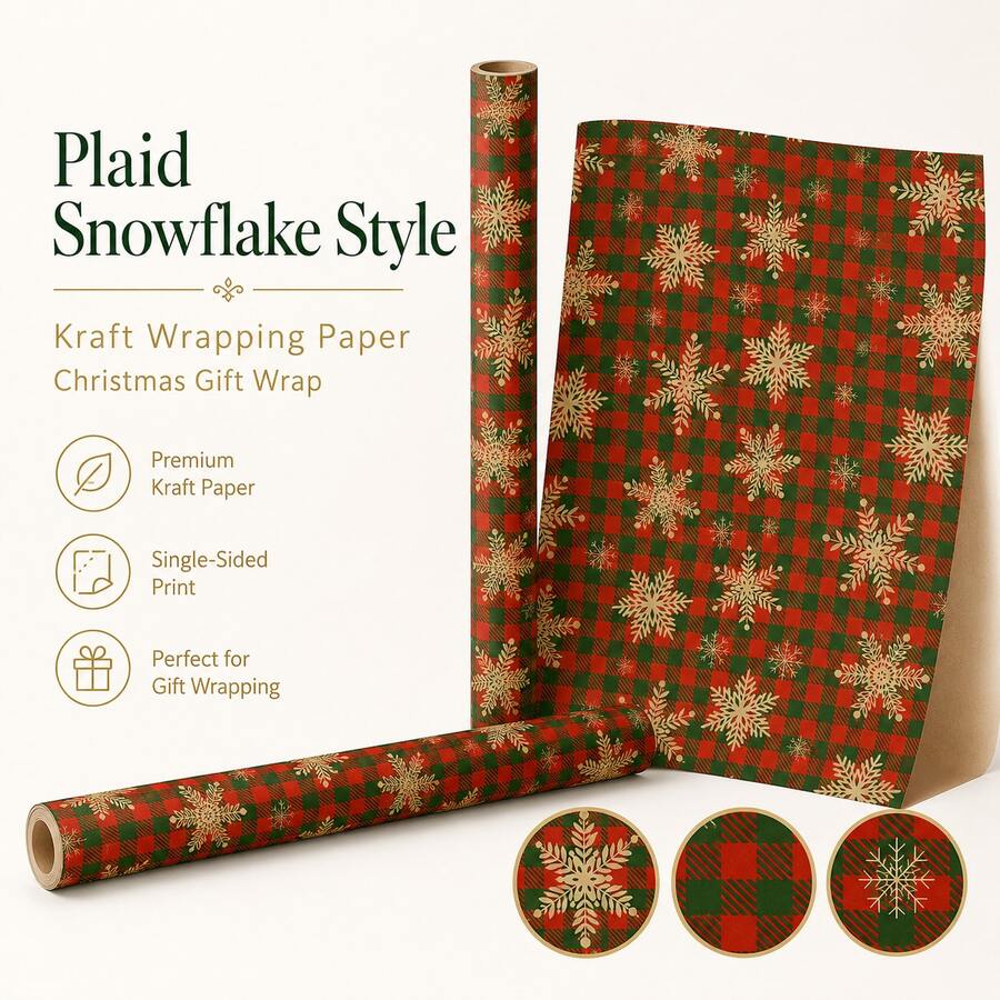 Christmas Gift Wrapping Paper, 1 Roll 196.85in Kraft Paper, Red Green Buffalo Plaid Beige Snowflake Botanical Print, Rustic Winter Holiday Gift Box Party Decor - View 1