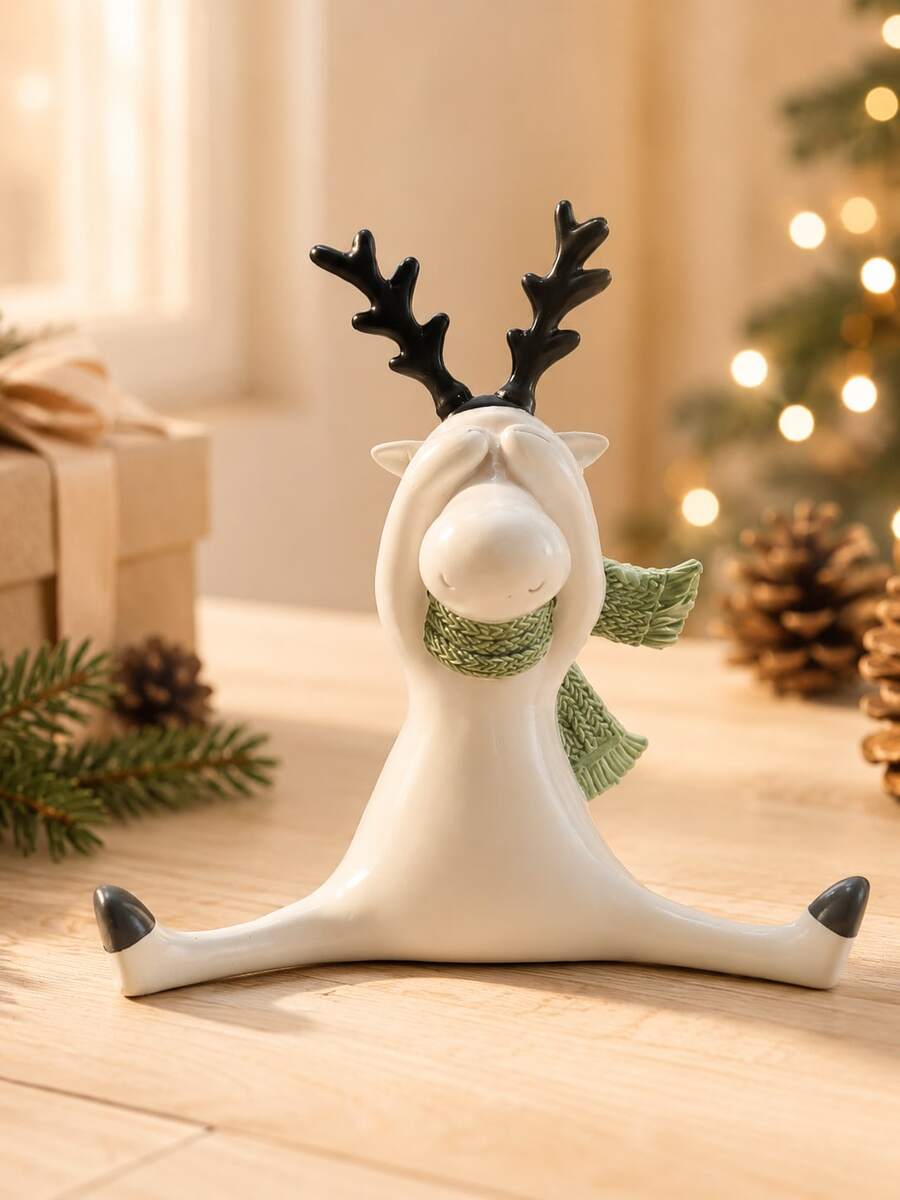 Fun Christmas Reindeer Sculpture, Cute Humorous Deer Statue With Green Scarf, Modern Christmas Tabletop Decor, Suitable For Mantel, Shelf, Living Room, Office, Winter Holiday Decoration, Christmas Gift - Selected Items - View 1