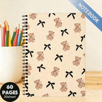 1pc Cute Teddy Bear And Bow Design Spiral Lined Notebook, 30 Sheets/60 Pages Coil Notebook, Suitable For Daily Notes And Memos, Perfect Gift For Christmas, Back To School, Birthday And New Year