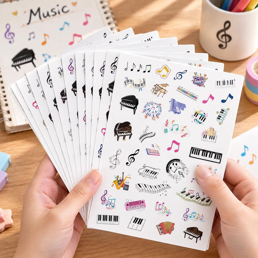 10 Sheets Cartoon Music Doodle Stickers Featuring Treble Clef, Various Musical Notes, Triangle Piano, Electronic Keyboard, Accordion, Saxophone, Keyboard And Other Musical Instrument Patterns, Easy To Peel And Remove, Suitable For Music Score Decoration, Classroom Rewards, Stationery Craft Materials, Music Theme Events - Multicolor - View 1