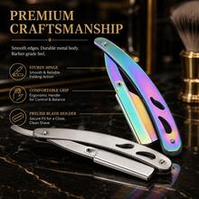 Men Barber Grade Hollow Out Foldable Shavette Razor Grooming Kit, Multicolor Stainless Steel Straight Shaving Razor, Foldable Portable Design For Precise Beard & Neckline Edging, Value Pack Contains 100 Single Edge Blades, 4 Stylish Color Choices For - Multi-color - View 5