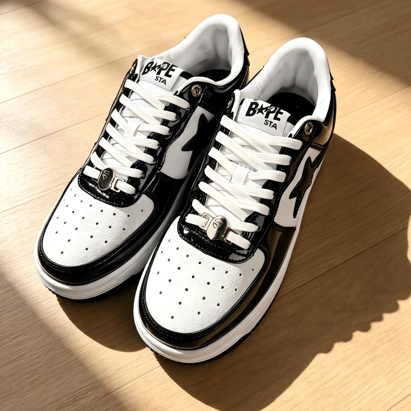 A BATHING APE BAPE STA Men's Black & White Patent Leather Sneakers - Black and White - View 1
