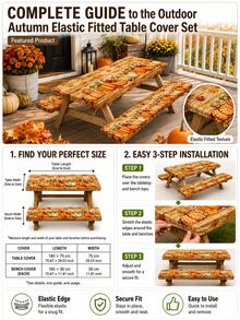 1/3pcs-Fall Stretch Fitted Picnic Table Cover And Bench Coverset, Rustic Wood Grain Pumpkin Maple Leaf Print SRectangular Tablecloth, Harvest Thanksgiving Decor For Patio Backyard Outdoor Autumn Dinner Party - Multicolor - View 5