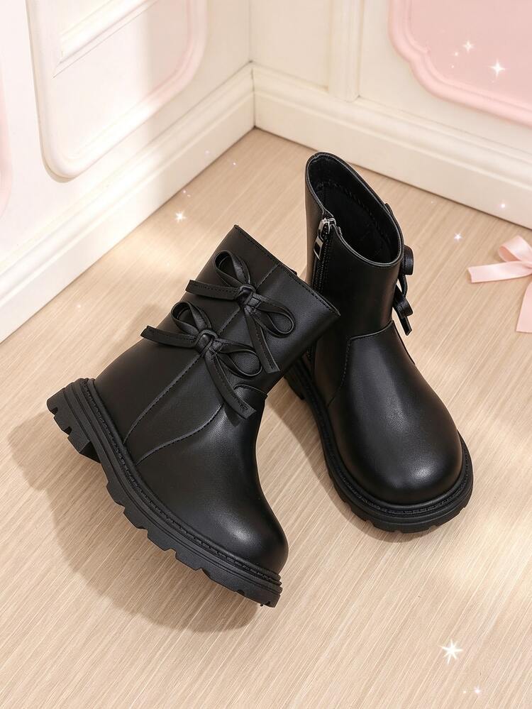 1 Pair Girls' Black Bow Ankle Boots, Soft PU Round Toe Soft Sole Anti-Slip Inner Zipper Design, Fashionable Cute Princess Style Mid-Calf Boots, Suitable For Daily Wear, School, Holidays, Autumn/Winter New - Black - View 3