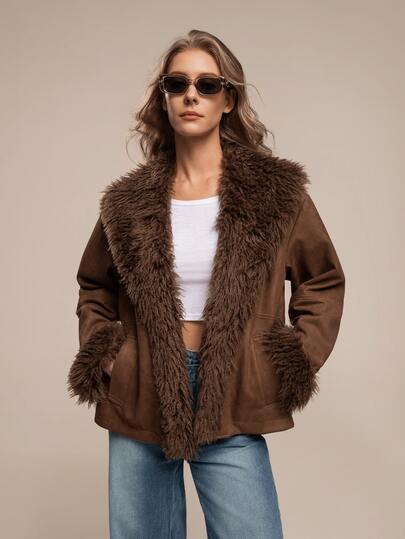 HZXVIC Women's Fashion Long Sleeve Fuzzy Collar Regular Suedette Jacket Ideal Outerwear For Fall And Winter