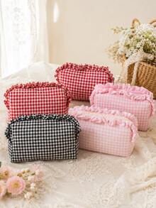 Cosmetic Bag, Cute Storage Bag, Plaid Ruffle Cosmetic Bag, Plaid Cosmetic Storage Bag, Portable Zipper Beauty Storage Bag, Essential For Women And Girls Travel, Holiday, School, Christmas Gift, Best Gift For Women - Multicolor - View 6
