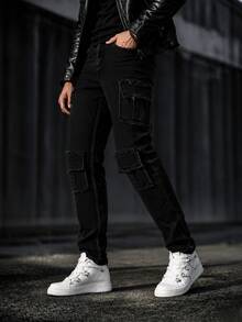 Ins Motorcycle Blogger Style Distressed Black Ripped Raw Hem Cargo Jeans With Multiple 3D Pockets Deconstructed Design Slim Fit Flattering Riding Denim Pants For Men - Black - View 5