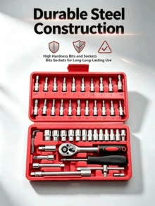 1套禮盒裝46件組合工具組，汽車機械維修車載套筒扳手工具箱，組合五金套組，全套車輛維護多件組合拆卸工具 - 46件套組 - 查看 2