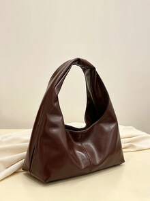 1pc Brown Textured PU Hobo Bag, Minimalist Patchwork Ruched Underarm Shoulder Bag With Handle For Women, Suitable For Autumn/Winter Commute, Work And Date - Coffee Brown - View 4
