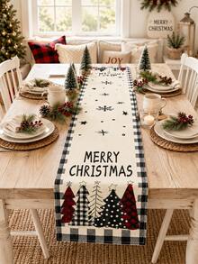 1pc Thick Linen Christmas Table Runner, Grey & Black Plaid Edge Christmas Tree Pattern Tablecloth, Durable Linen Table Runner, Tabletop Decor Suitable For Home Christmas Party, 2027 New Year Decoration, Christmas Decor, Christmas Gift, Christmas Decoration, Christmas Festival Decor - Christmas Table Runner - View 2