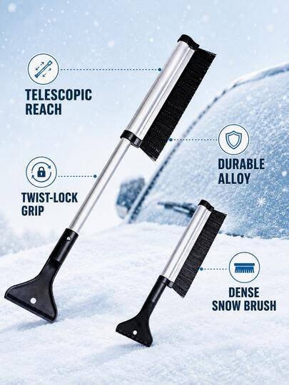 CHONGTENG Black & Silver Encrypted Bristle Aluminum Alloy Telescopic Pole Ice Breaker Snow & Frost Remover 2-In-1 Car Snow Shovel
