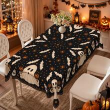 1pc,Vintage Halloween Tablecloth, Ghost Pumpkin Bat Black Cat Print Polyester Table Cover, Halloween Dining Table Decor For Kitchen, Party, Family Gathering And Holiday Home Decoration - B - View 7